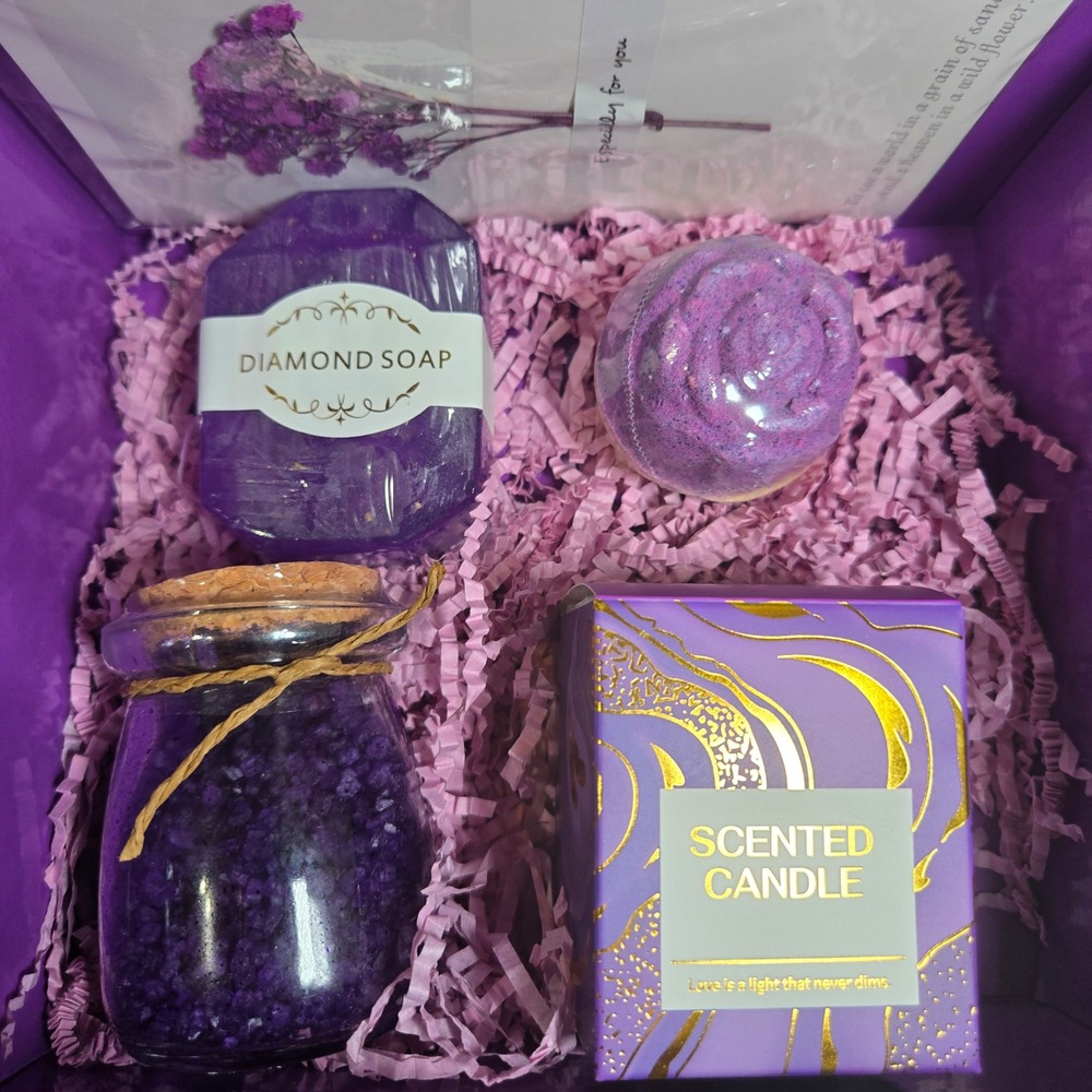 Luxury Vegan Women Gift Set Purple Diamond Soap Bath Bombs Scented‎ Candle
